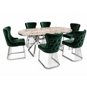 Set masa ovala cu 6 scaune verde smarald/silver