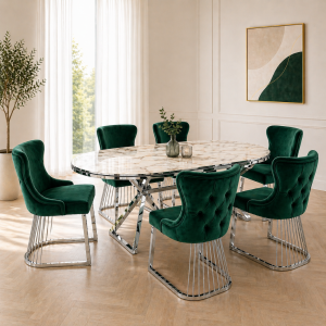 Set masa ovala cu 6 scaune verde smarald/silver