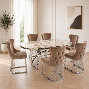 Set masa ovala cu 6 scaune maro/silver