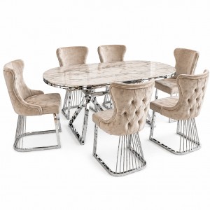 Set masa ovala cu 6 scaune bej/silver
