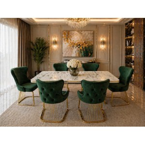 Set masa dreptunghi cu 6 scaune verde smarald/auriu